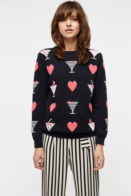 Navy Cocktail Heart Cashmere Sweater