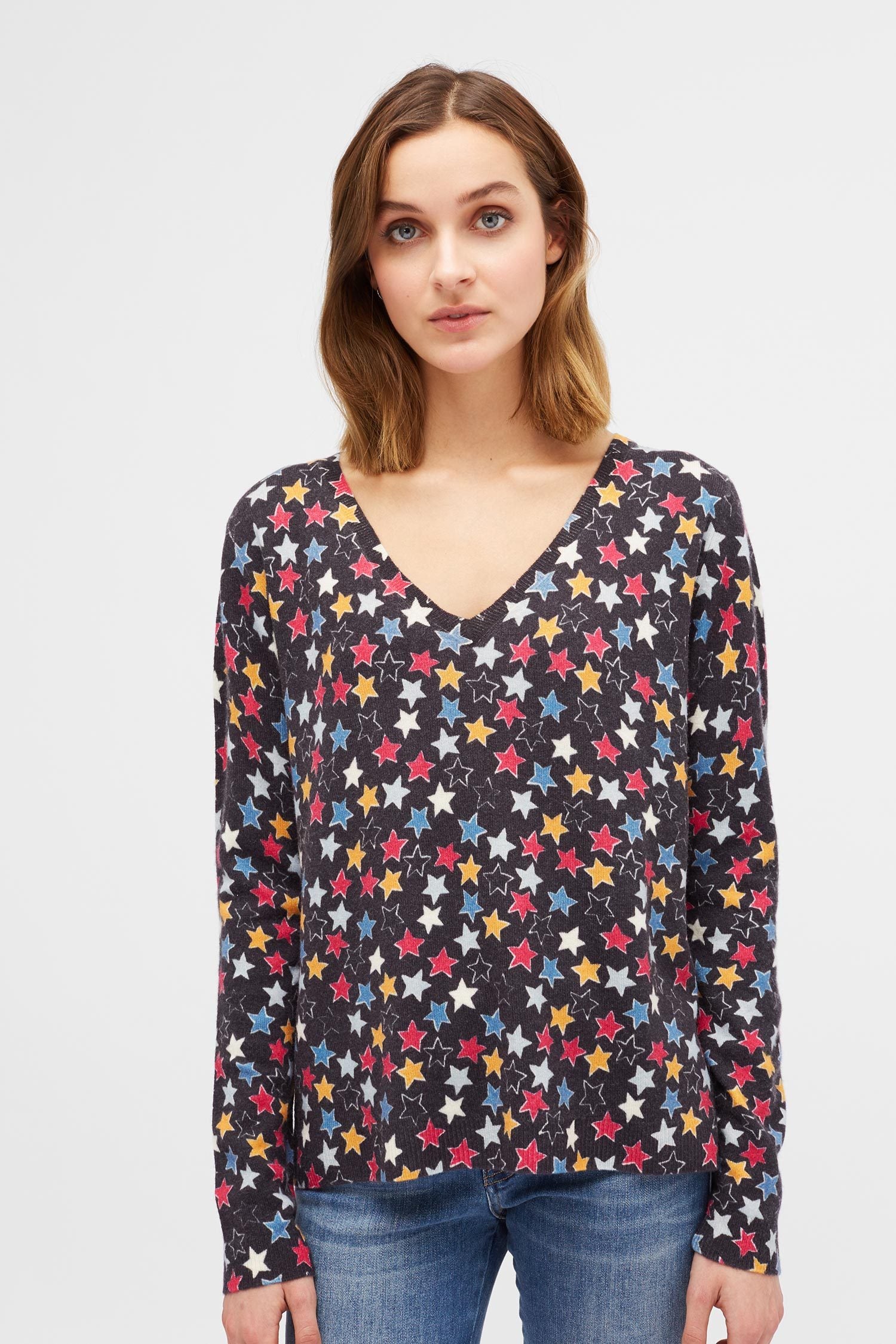 Black Acid Star V Neck Cashmere Sweater