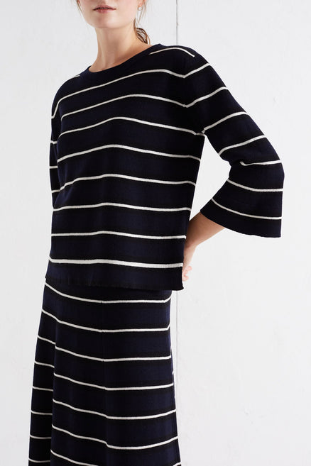 Navy Bell Sleeve Stripe Merino Sweater