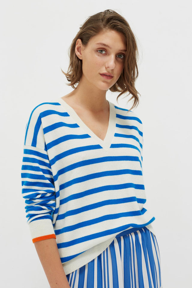 Blue Striped Cashmere V Neck Sweater image 1