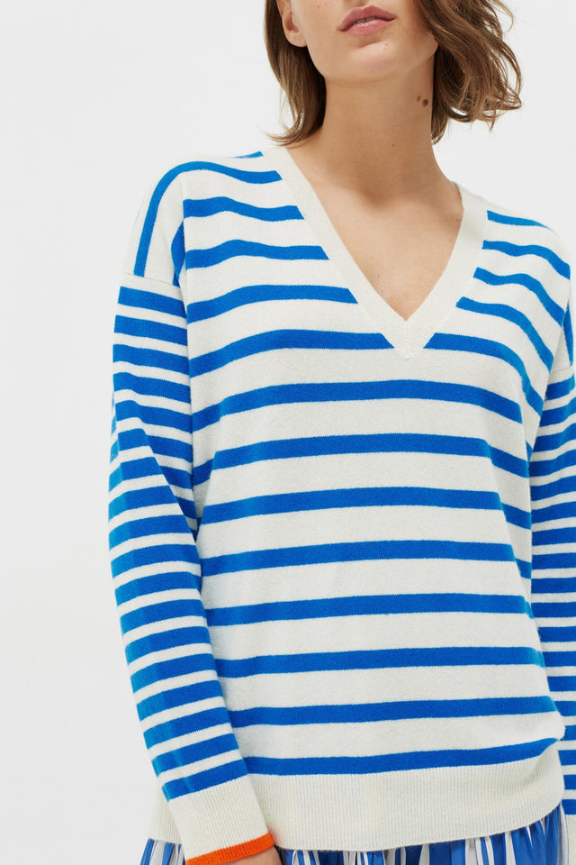 Blue Striped Cashmere V Neck Sweater image 4
