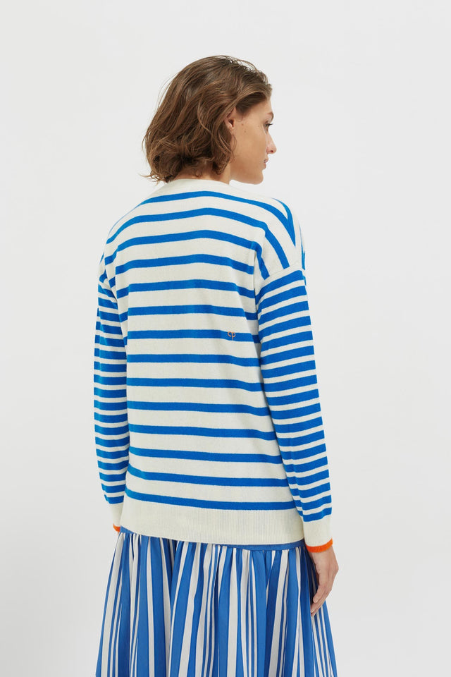Blue Striped Cashmere V Neck Sweater image 3