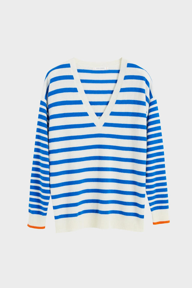 Blue Striped Cashmere V Neck Sweater image 2