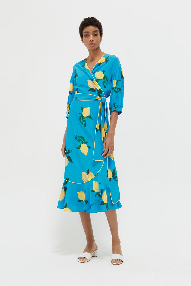 Blue Lemon Print Silk Wrap Dress image 1