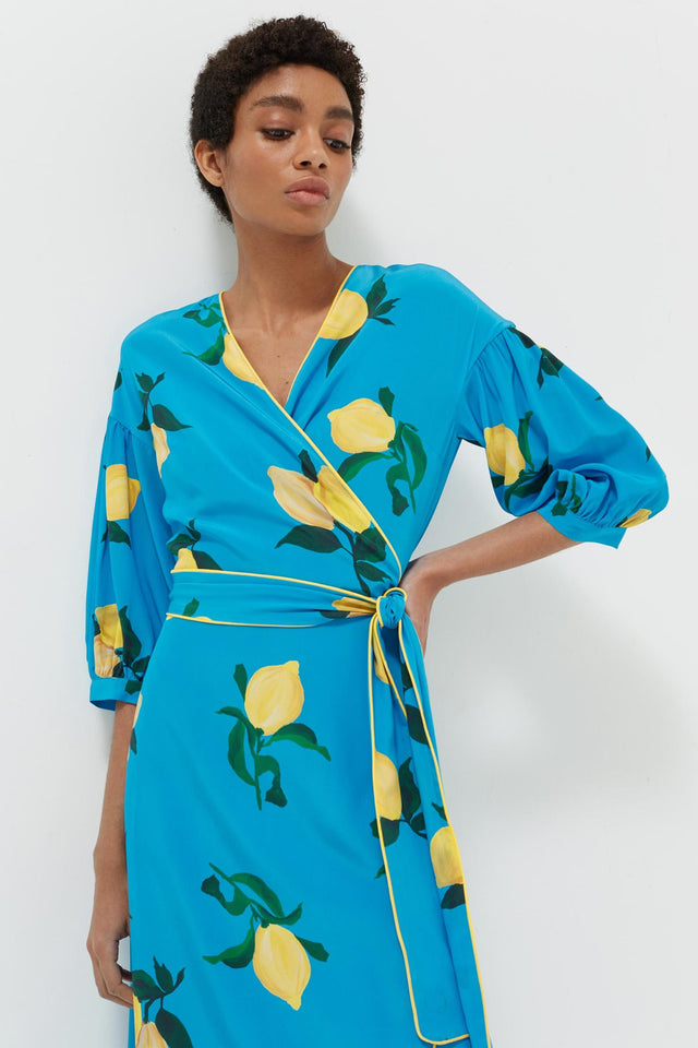 Blue Lemon Print Silk Wrap Dress image 3