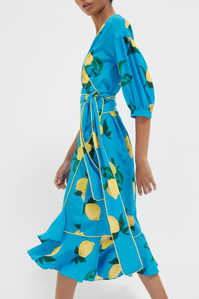 Blue Lemon Print Silk Wrap Dress image 4