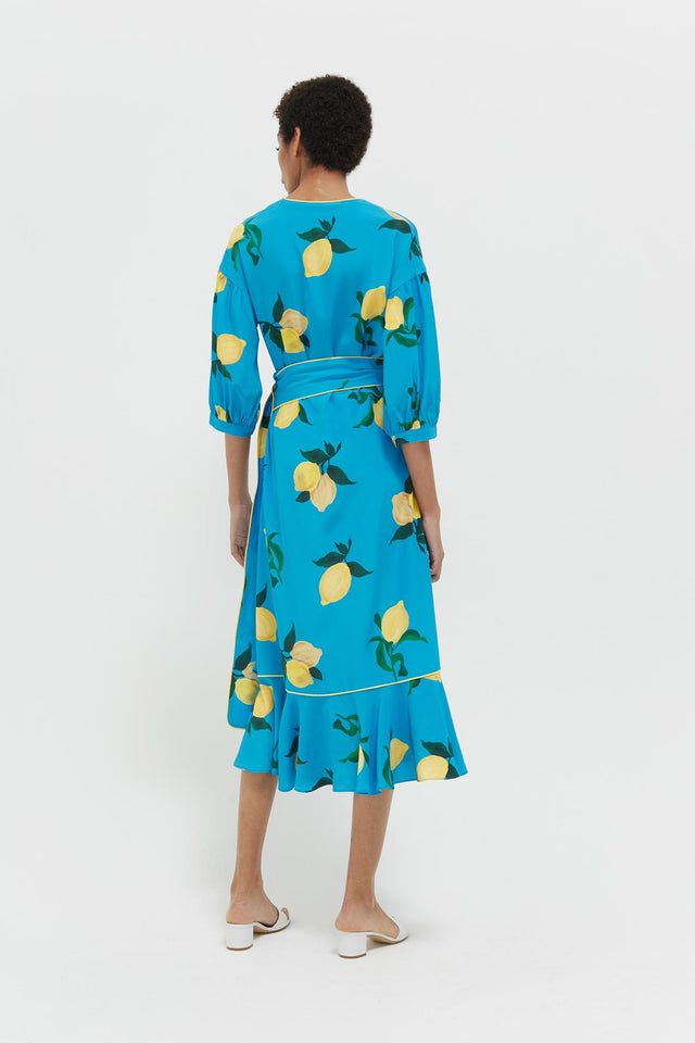 Blue Lemon Print Silk Wrap Dress image 5