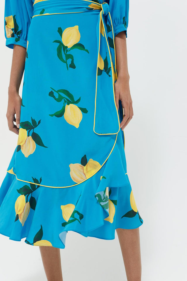Blue Lemon Print Silk Wrap Dress image 6