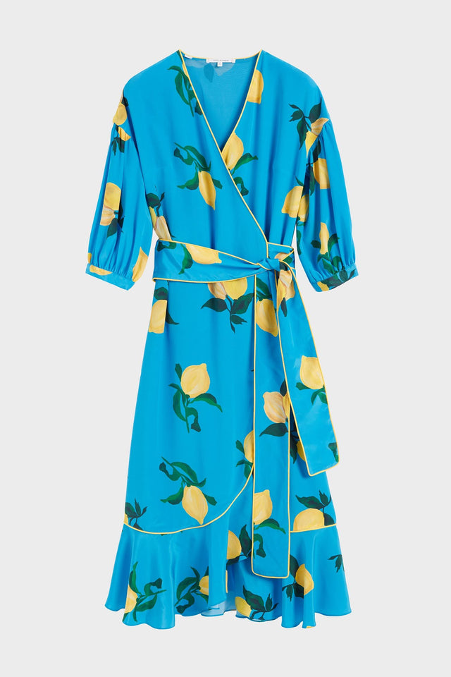 Blue Lemon Print Silk Wrap Dress image 2