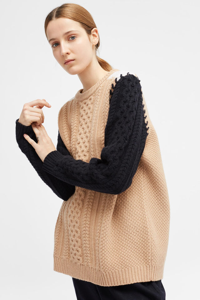 Camel Chevron Stitch Aran Sweater image 1