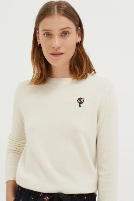 Cream Clover Badge Cashmere Sweater