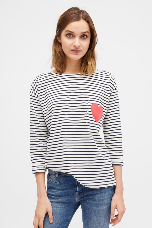 Cream with Navy Striped Breton Heart T-Shirt image 1