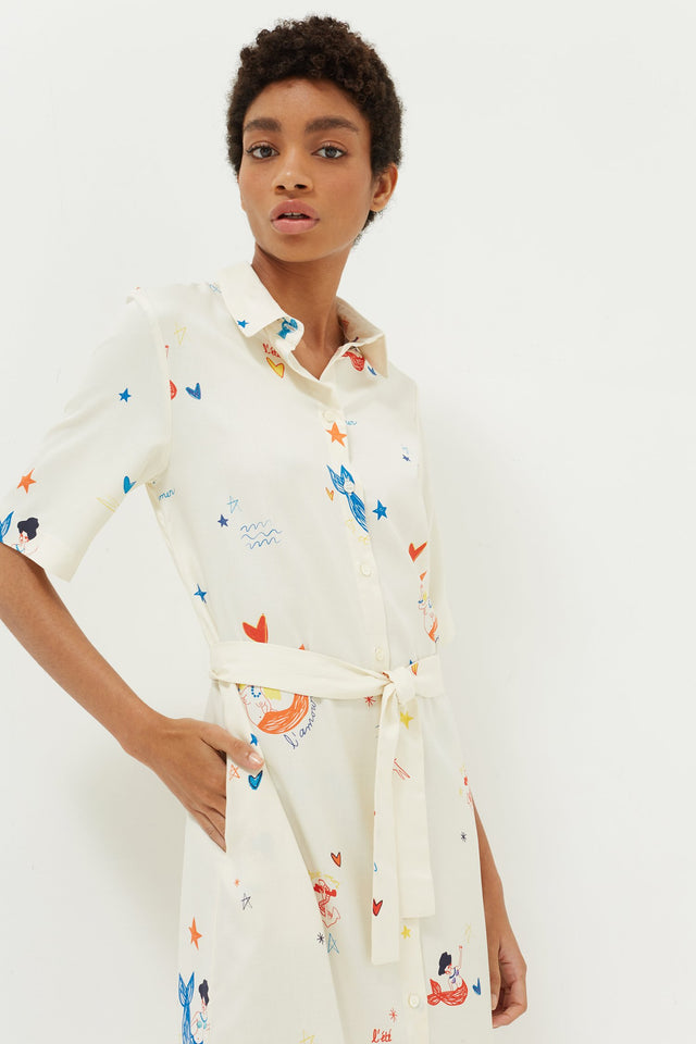Cream Mermaid Print Silk Shirt Dress image 4