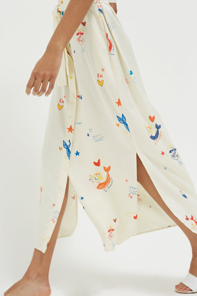 Cream Mermaid Print Silk Shirt Dress image 5