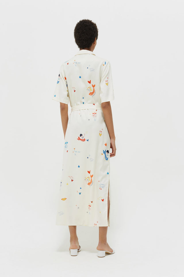 Cream Mermaid Print Silk Shirt Dress image 6