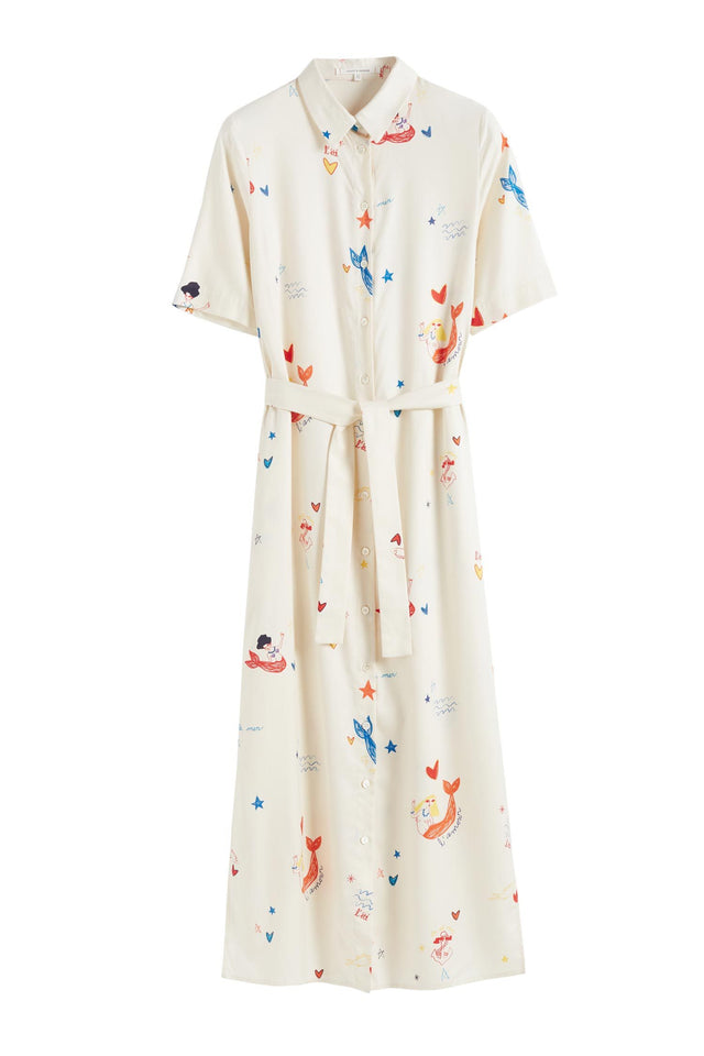Cream Mermaid Print Silk Shirt Dress image 2