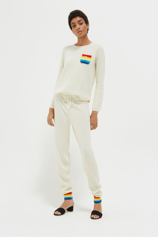 Cream Striped Cuff Cashmere Track Pants image 3