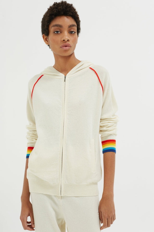 Cream Striped Cuff Cashmere Zip Hoodie image 1