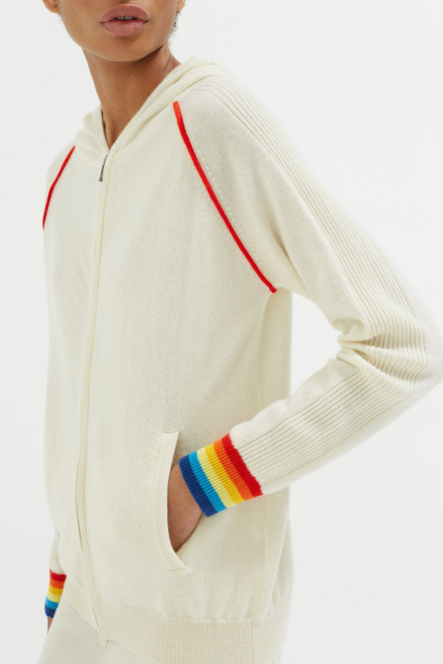 Cream Striped Cuff Cashmere Zip Hoodie image 5