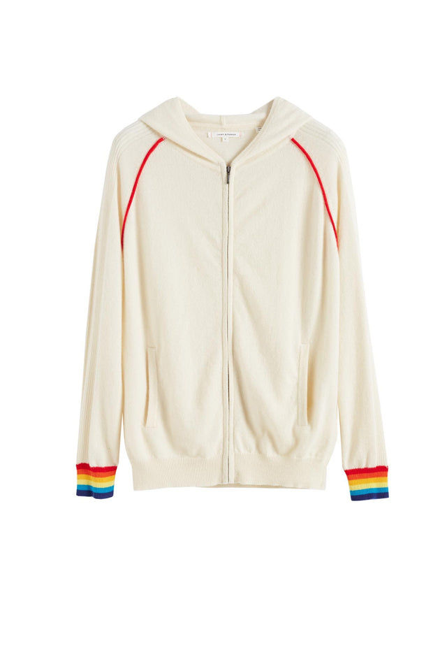 Cream Striped Cuff Cashmere Zip Hoodie image 2