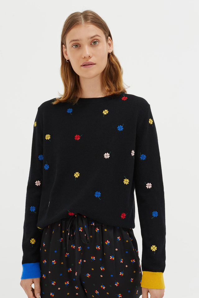 Black Embroidered Magic Clover Cashmere Sweater image 1