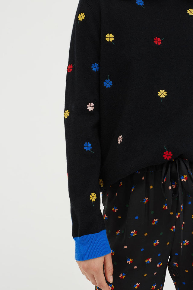 Black Embroidered Magic Clover Cashmere Sweater image 4