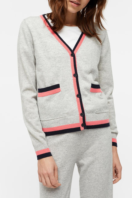 Grey Stripe Trim Cashmere Cardigan