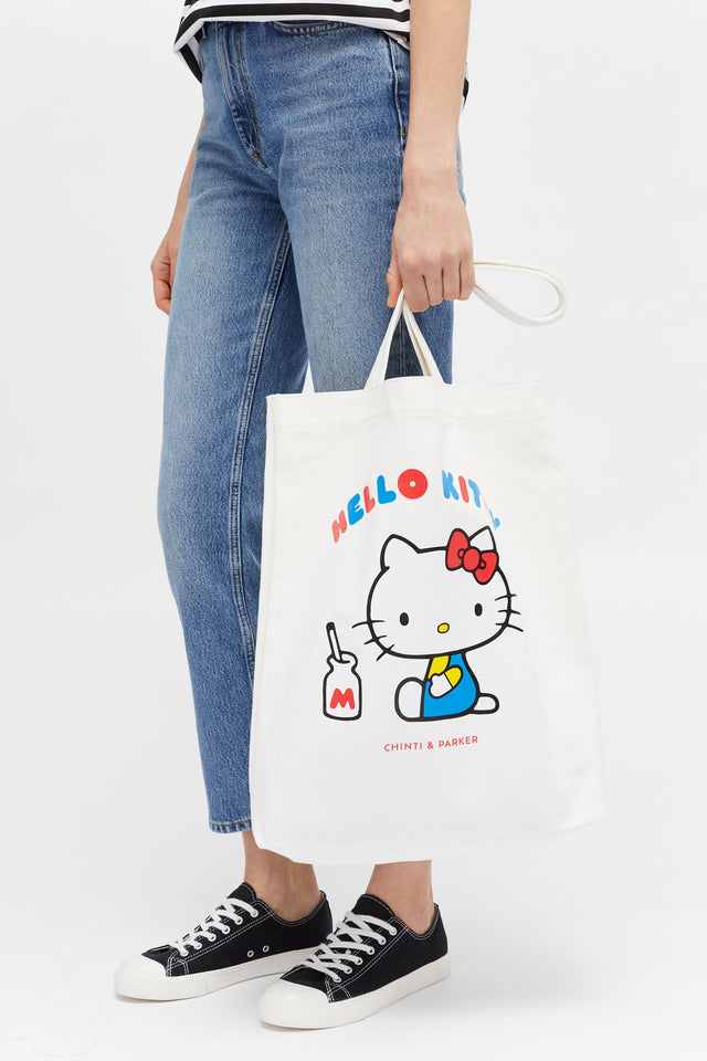 White Hello Kitty Logo Cotton Tote image 1