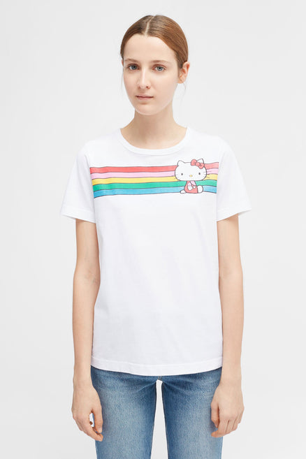 White Hello Kitty Rainbow Stripe Cotton Tee