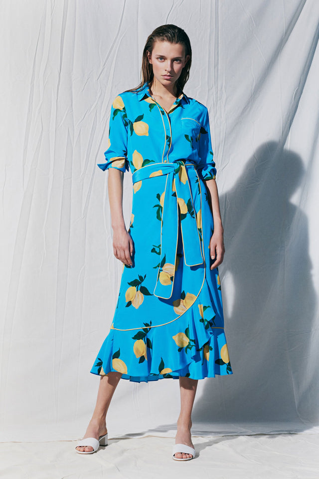 Blue Lemon Print Silk Wrap Skirt image 1