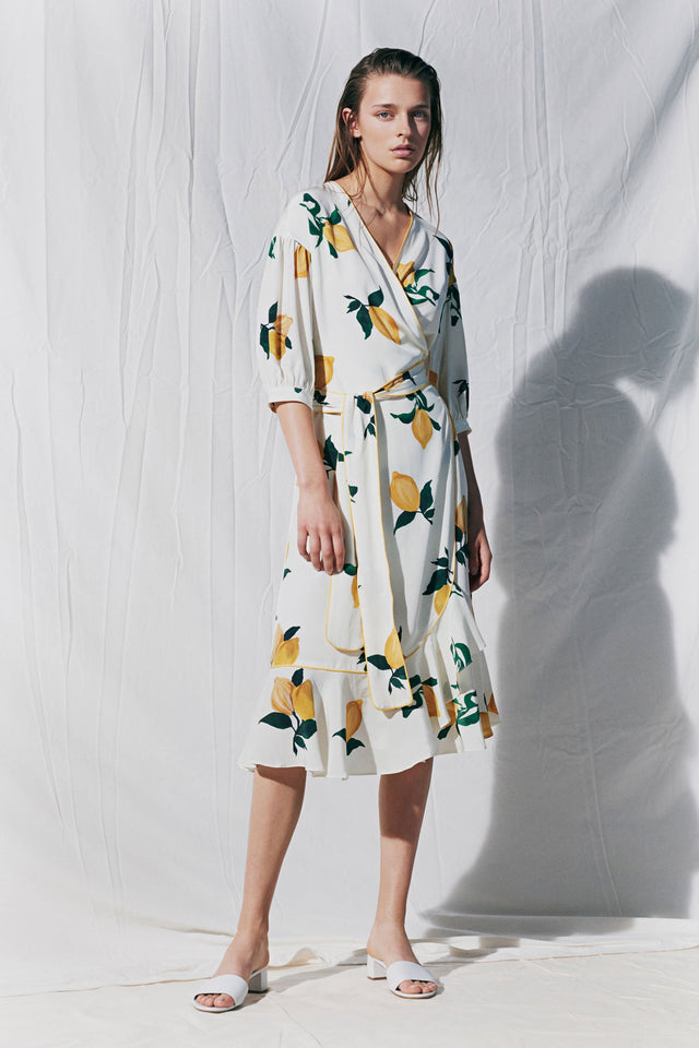 White Lemon Print Silk Wrap Dress image 1