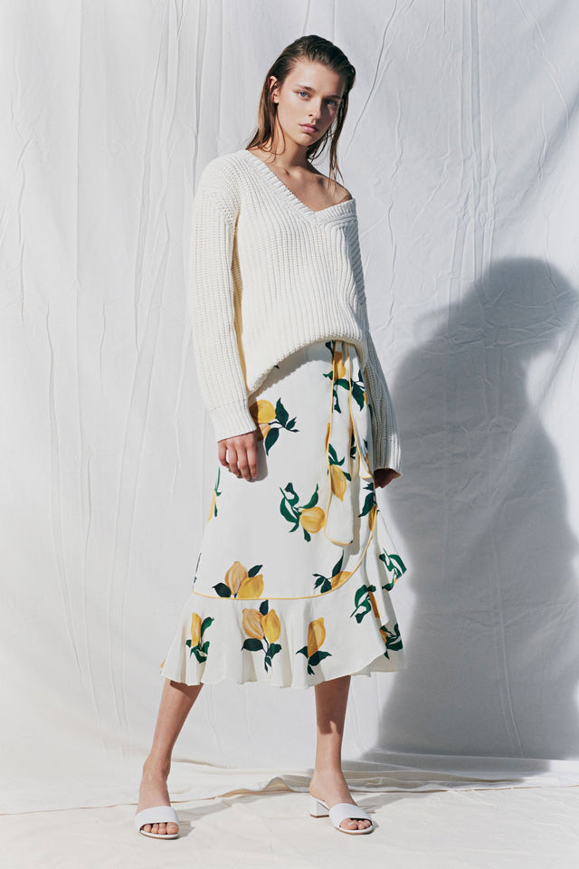 White Lemon Print Silk Wrap Skirt image 1