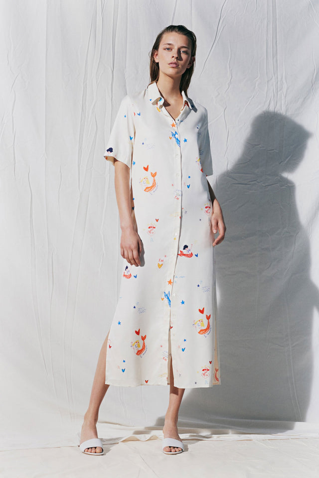 Cream Mermaid Print Silk Shirt Dress image 1