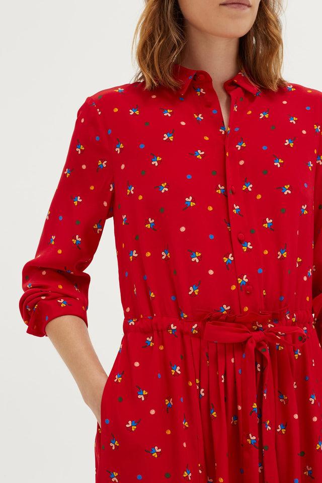 Red Lucky Clover Silk Shirt Dress image 3