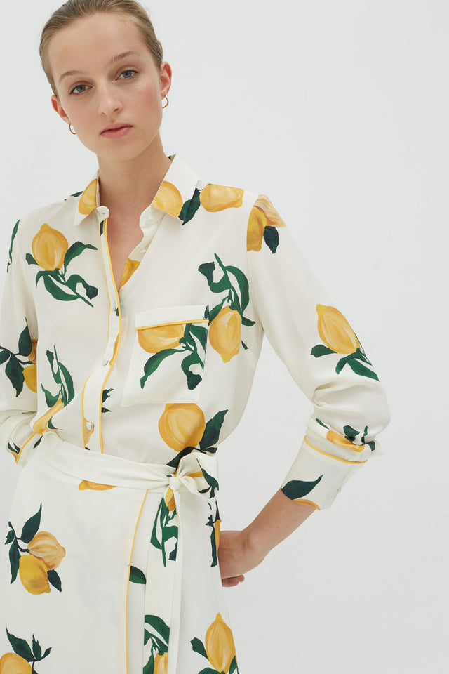 White Lemon Print Silk Shirt image 3
