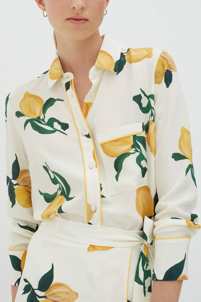 White Lemon Print Silk Shirt image 5