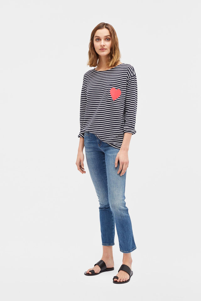 Navy with Cream Striped Breton Heart T-Shirt image 3