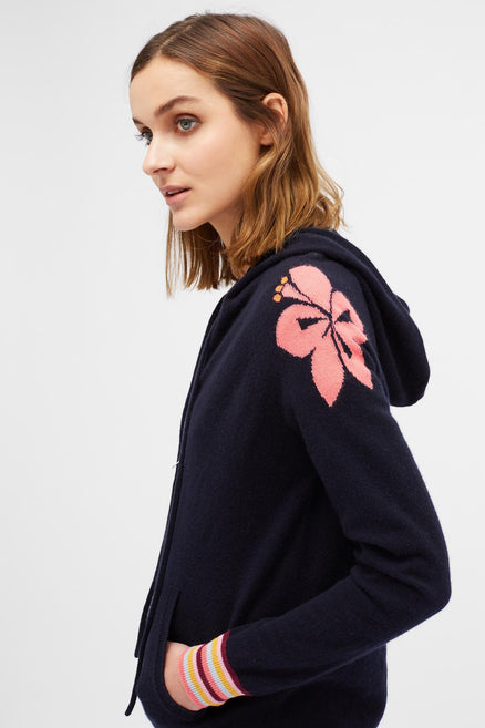 Navy Hisbiscus Cashmere Hoodie