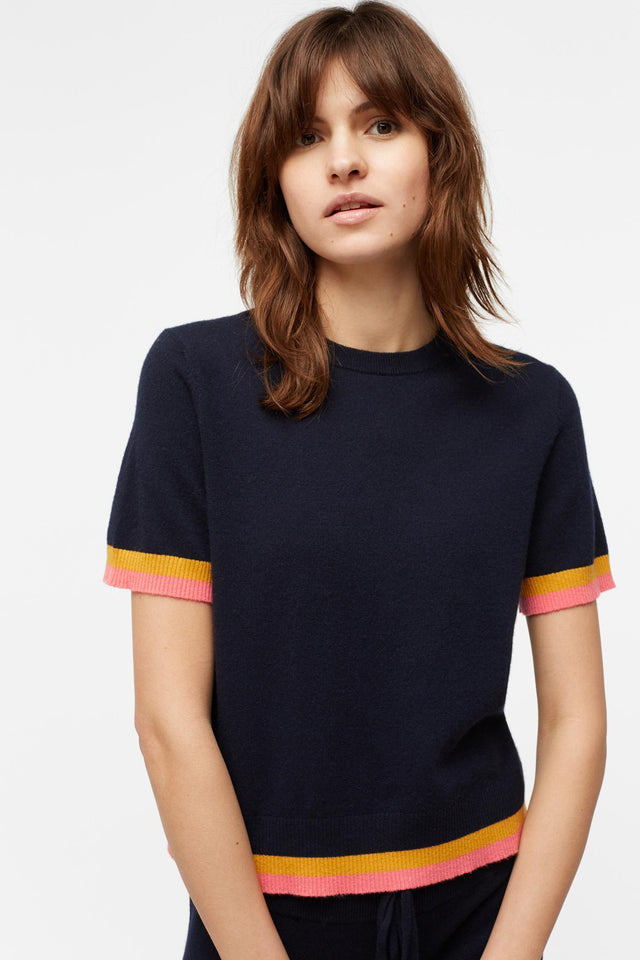 Navy Stripe Trim Cashmere T-Shirt image 1