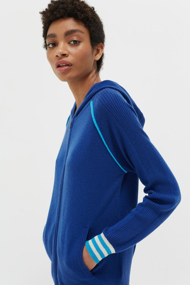 Blue Striped Cuff Cashmere Zip Hoodie image 1