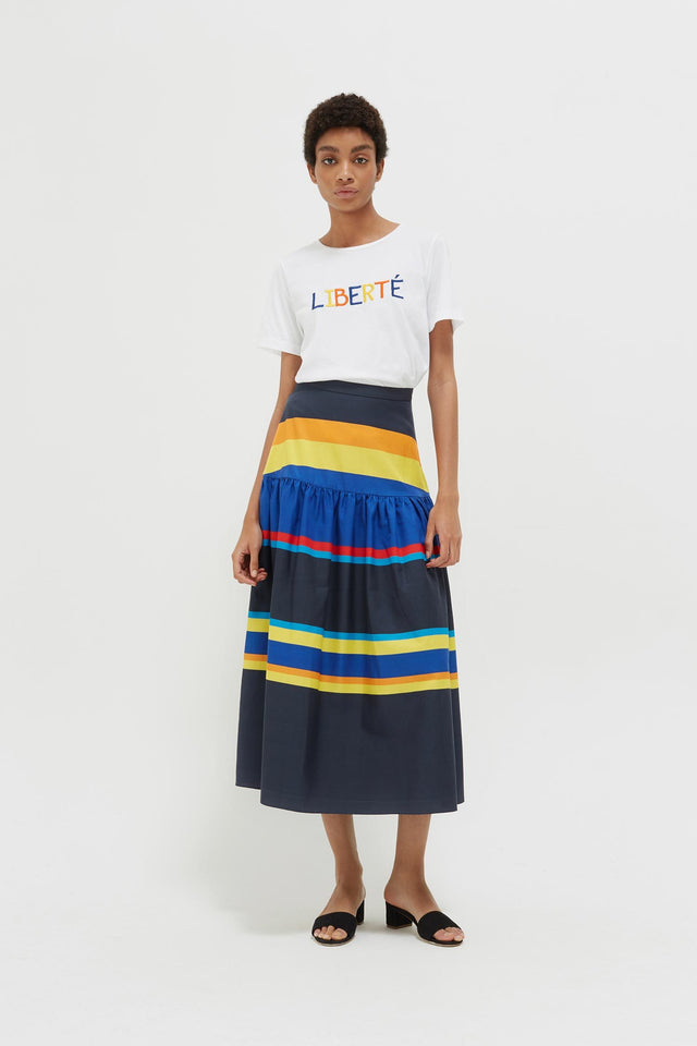 Navy Sunset Stripe Cotton-Silk Midi Skirt image 3