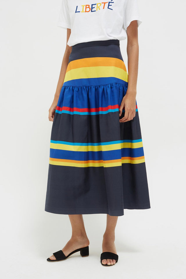 Navy Sunset Stripe Cotton-Silk Midi Skirt image 1
