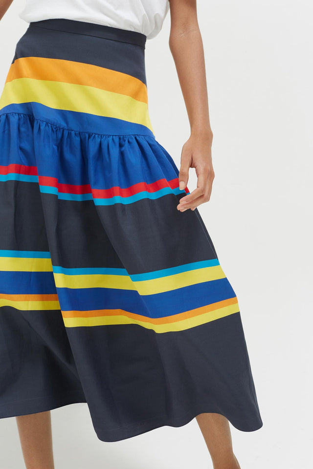 Navy Sunset Stripe Cotton-Silk Midi Skirt image 4