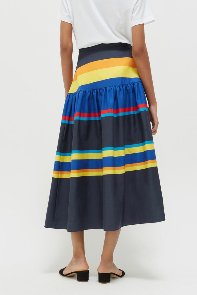 Navy Sunset Stripe Cotton-Silk Midi Skirt image 5