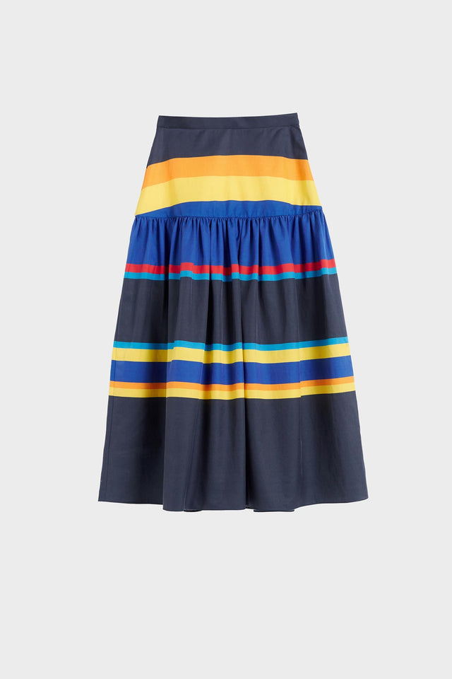 Navy Sunset Stripe Cotton-Silk Midi Skirt image 2