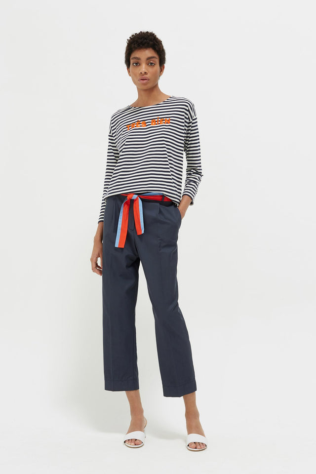 Navy Tie Waist Cotton-Silk Trousers image 3