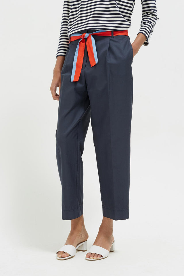 Navy Tie Waist Cotton-Silk Trousers image 1