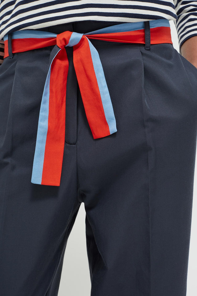Navy Tie Waist Cotton-Silk Trousers image 4