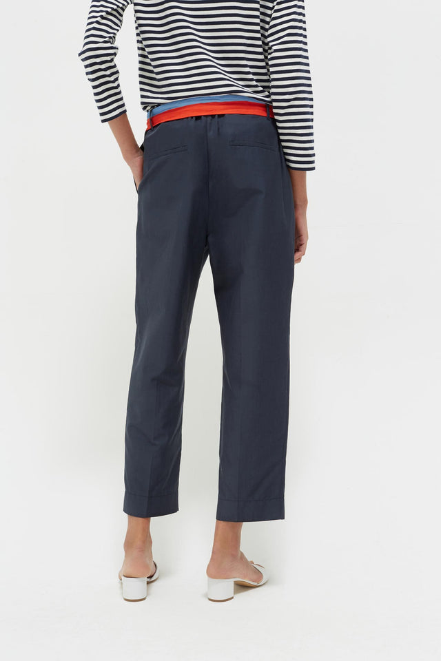 Navy Tie Waist Cotton-Silk Trousers image 5