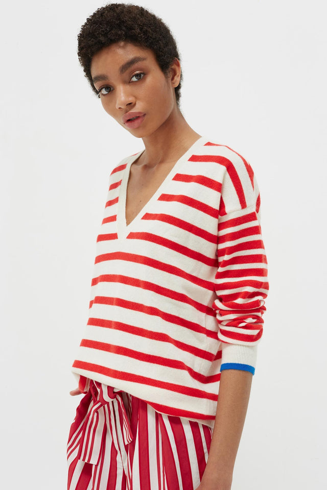 Red Striped Cashmere V Neck Sweater image 1